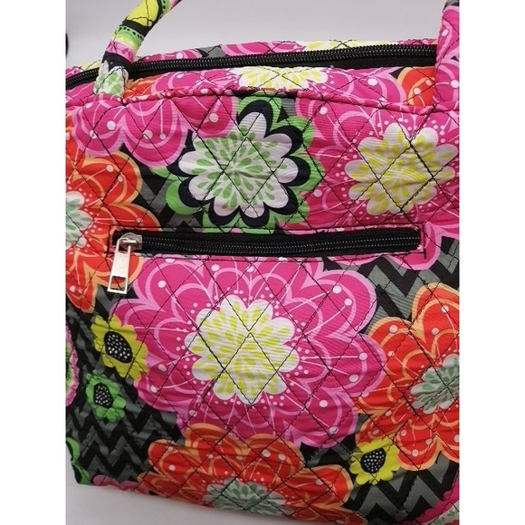 Womens Handbag Pink Floral L Quilted Fabric Zip Close Double Handle Pockets NEW - Picture 3 of 7